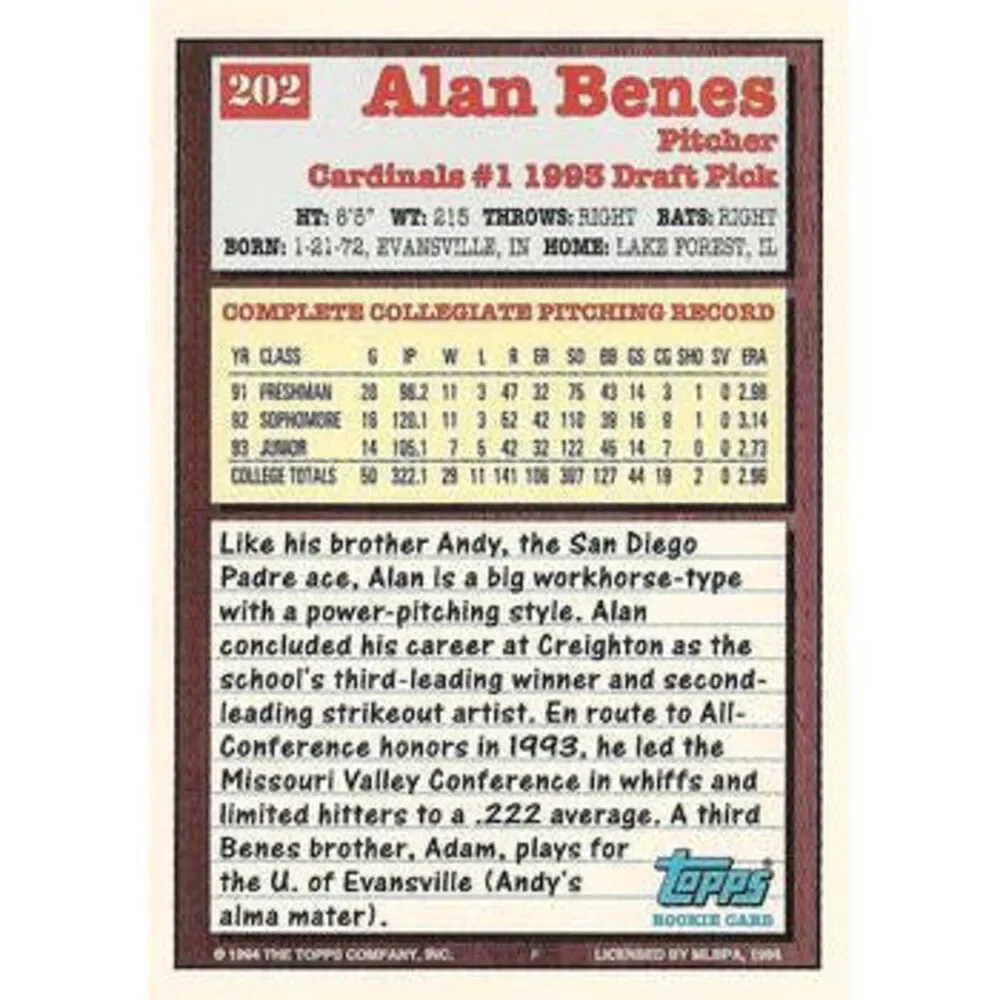 1994 Topps Alan Benes DPK, RC # 202 St. Louis Cardinals